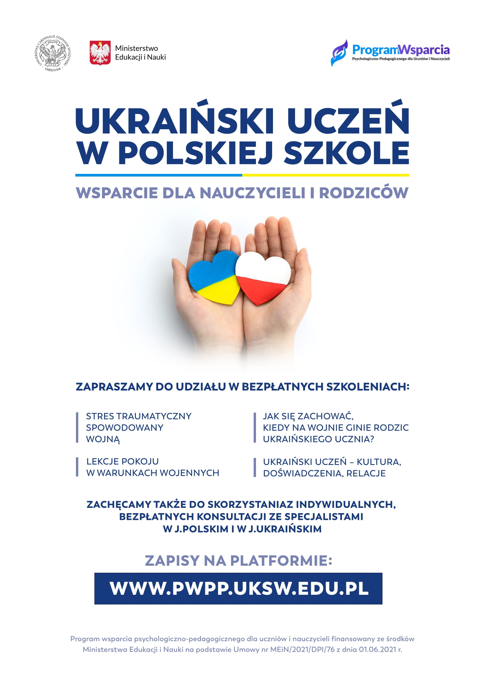 Plakat ukraiński uczeń w polskiej szkole z danymi kontaktowymi- wsparcie dla rodziców
