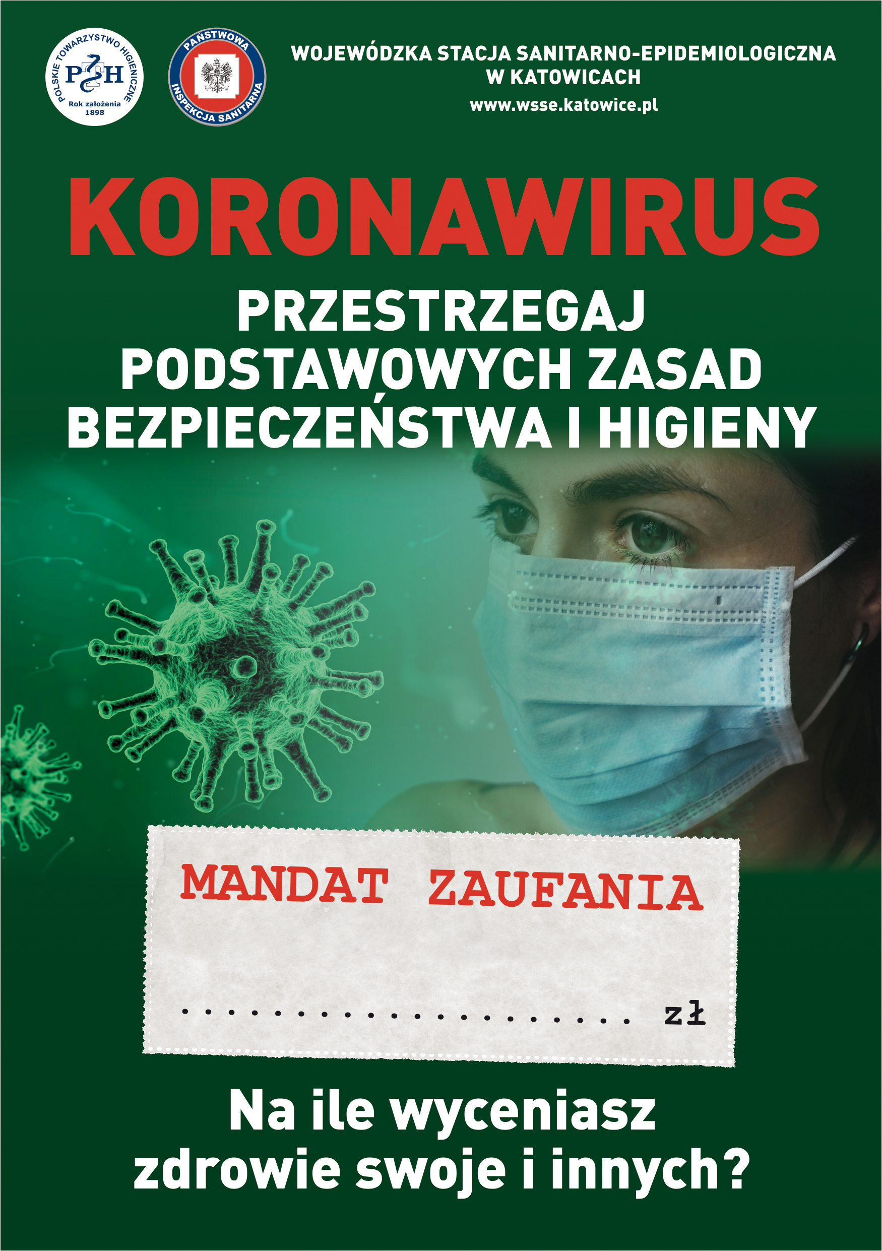 Plakt z koronawirusem i napisem przestrzegaj zasad bezpieczeństwa i higieny